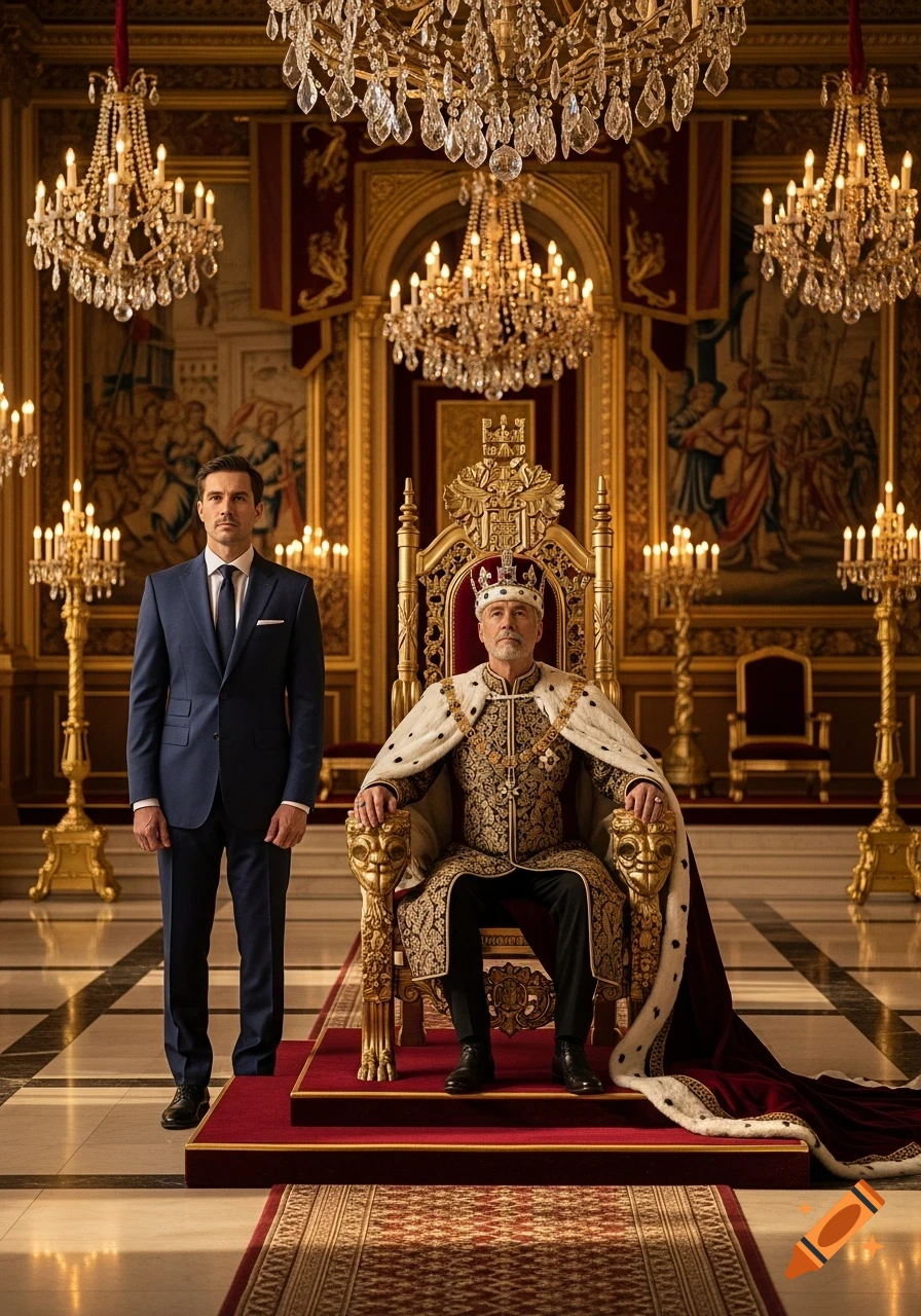 An elderly king in ornate robes sits on a golden throne next to a man in a suit, in a lavish, chandelier-filled palace hall.