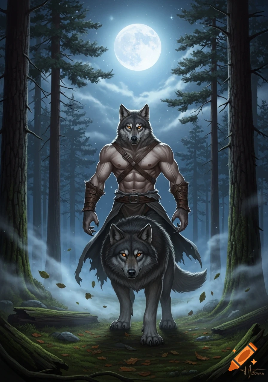 A muscular wolf man stands behind a large wolf, both with glowing eyes, in a dark forest under a full moon.