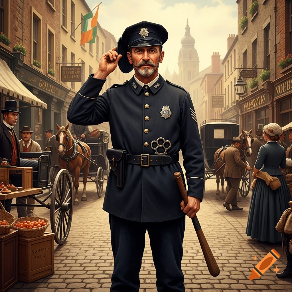 A moustached Irish police officer in uniform salutes, holding a billy club on a bustling 1800s cobblestone street scene with horse-drawn carts and shop buildings.