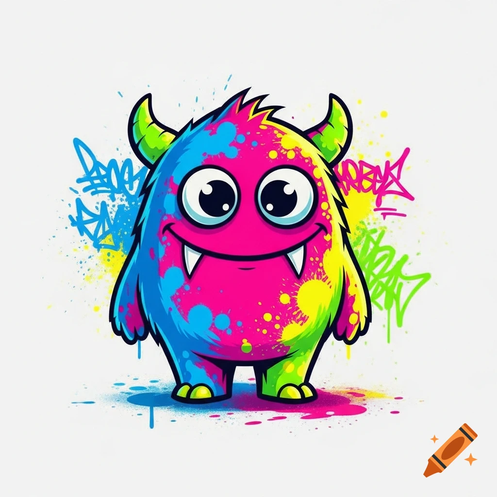A cute, colorful cartoon monster with horns and fangs, splattered with neon blue, pink, green, and yellow paint, on a white background with stylized graffiti.