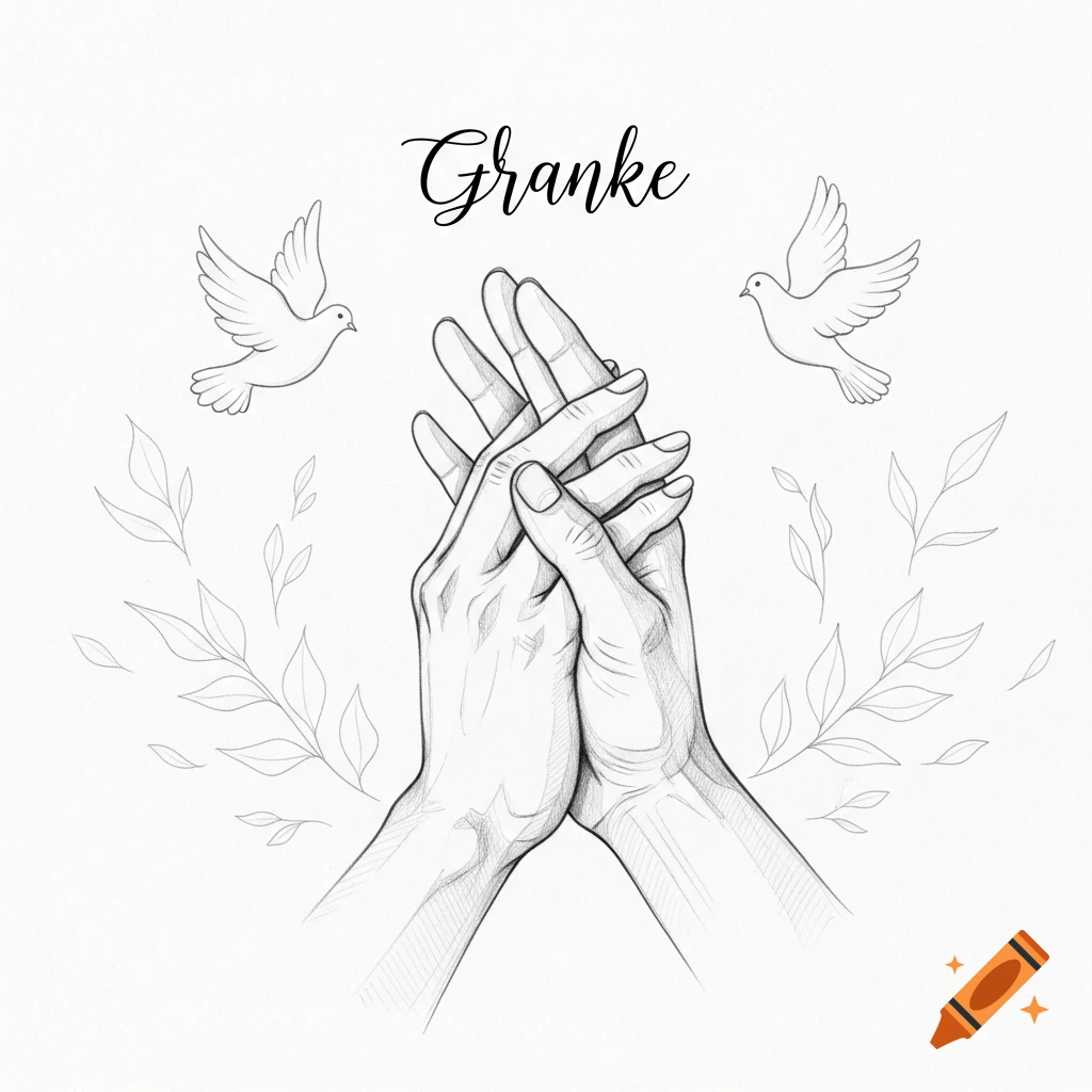 A pencil drawing depicting two hands clasped together, flanked by two flying doves and leafy branches, with the word "Granke" at the top.