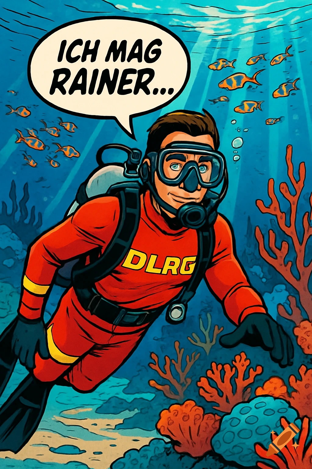 Comic-style diver in a red DLRG suit and mask swims underwater with fish and coral, a speech bubble says "Ich mag Rainer...".