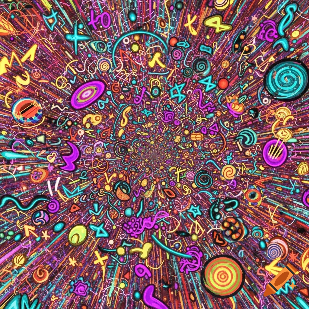 Vibrant psychedelic abstract art with swirling lines, geometric shapes, and colorful nonsensical text converging to a center.