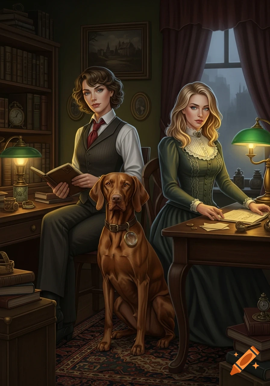 Two women, one with dark hair holding a book and the other with blonde hair at a desk, with a brown Vizsla dog sitting between them in a Victorian-style study.