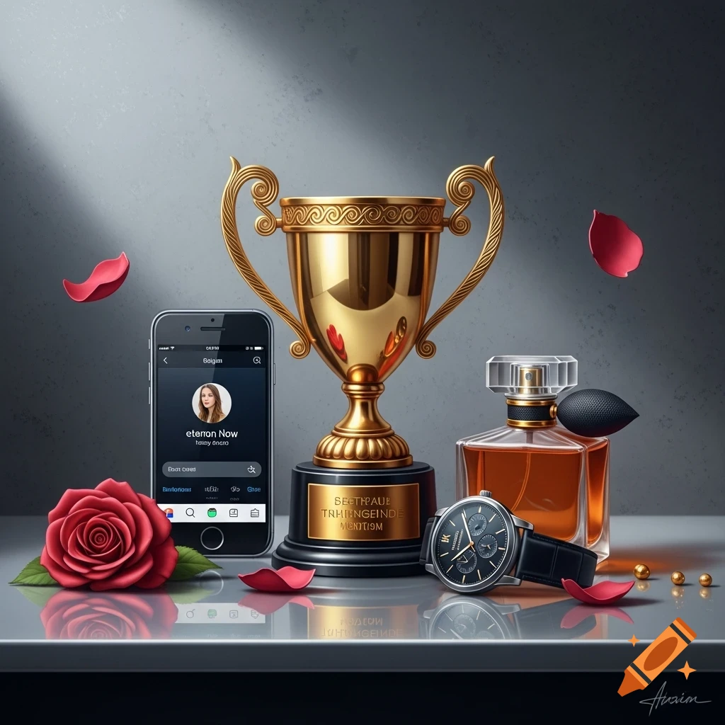 Photorealistic still life featuring a gold trophy, a smartphone, a perfume bottle, a watch, and red rose petals.