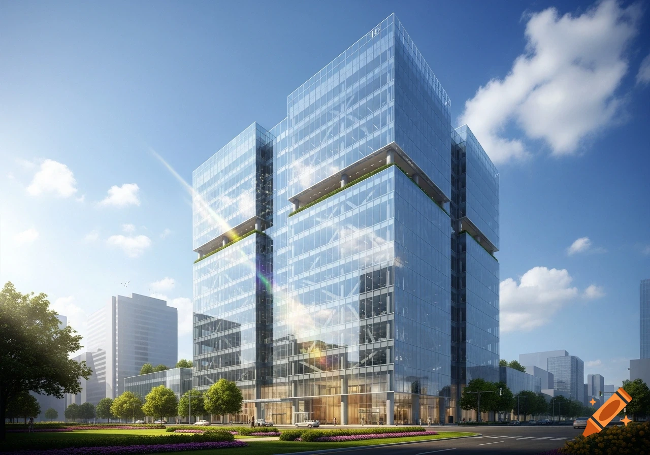 A photorealistic image of a modern, multi-story glass building with several green terraces, set against a blue sky with white clouds, surrounded by trees and a landscaped road.