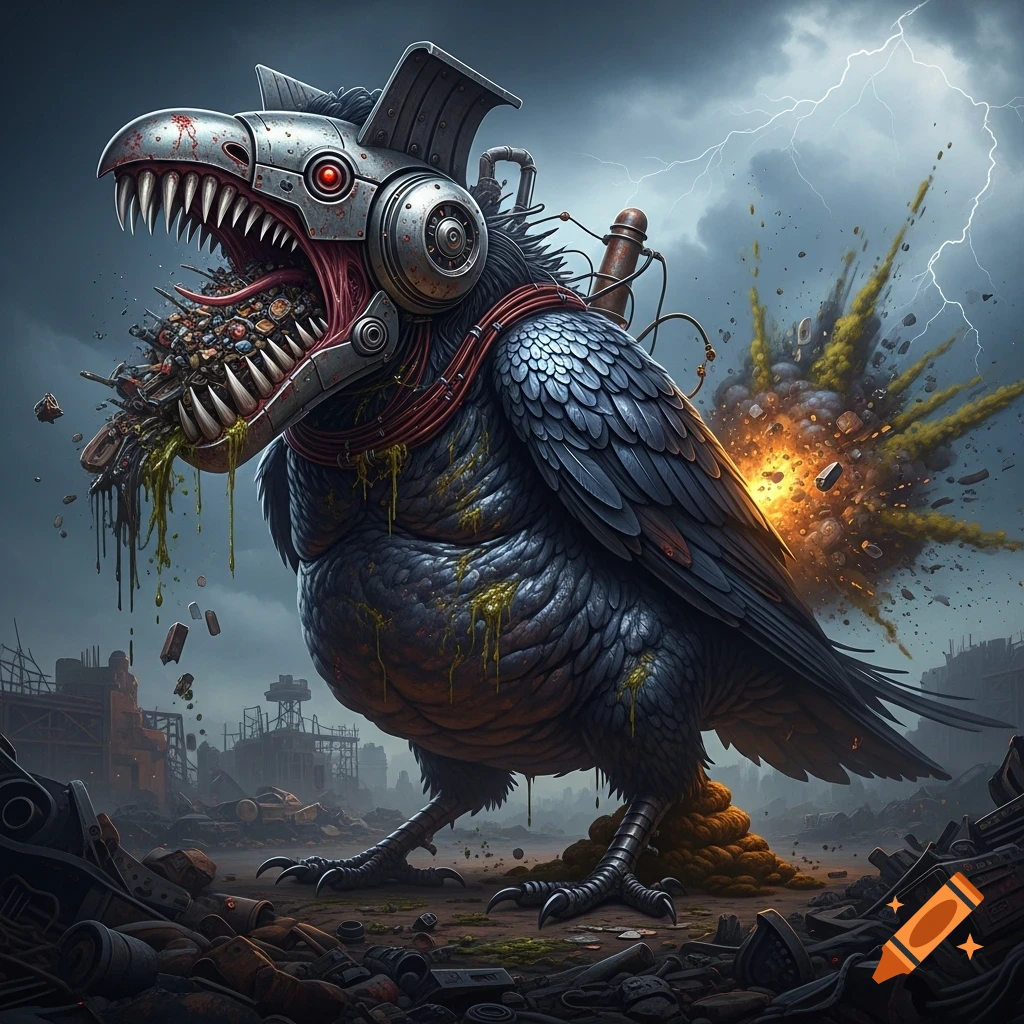 A nightmarish biomechanical bird-like monster with a shredder head eating junk, expelling an explosion, in a stormy junkyard.