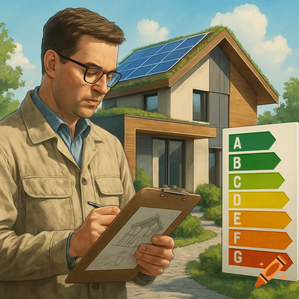 An illustrated man in glasses and a jacket writes on a clipboard in front of a modern eco-house with solar panels and an energy efficiency label.