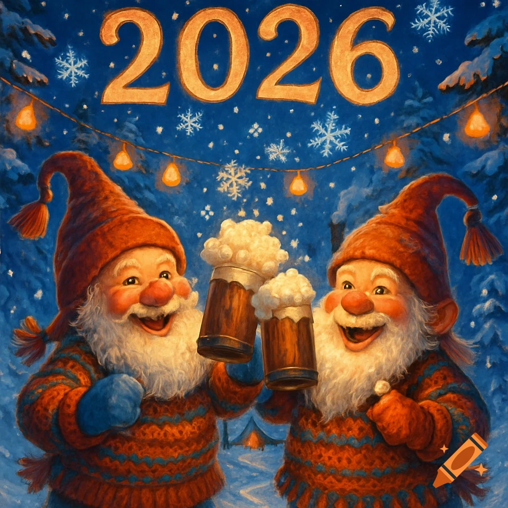 Two cheerful gnomes in a snowy winter scene toast with frothy drinks under a sky with '2026' and snowflakes, painted in a festive style.