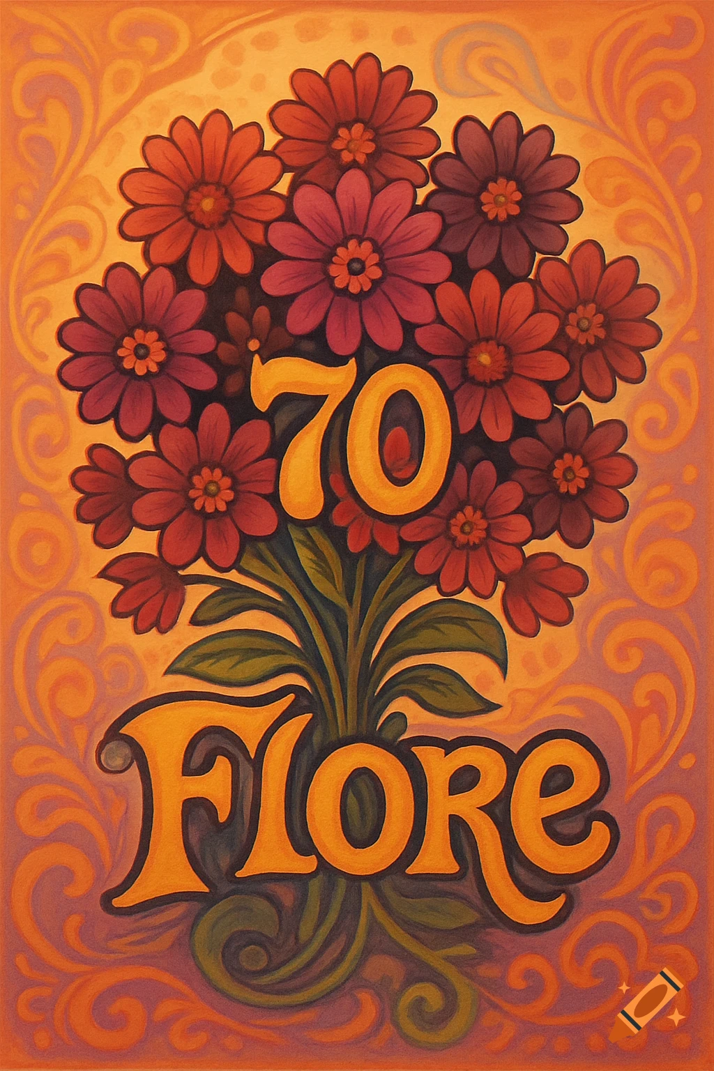 Retro illustration of a bouquet of flowers with the number 70 and the name Flore at the bottom.