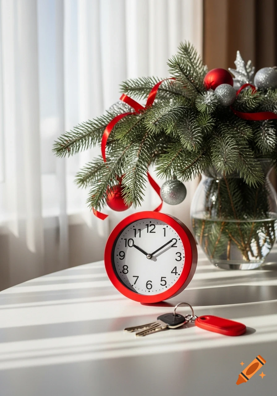 Red alarm clock and keys on a white table with a vase of decorated fir branches and sunlight through a window. Photorealistic.