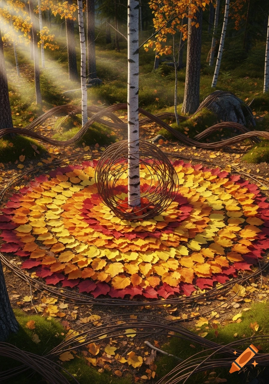 Birch tree in a sunlit boreal forest, surrounded by a spiral art installation of red and yellow autumn leaves and woven branches.