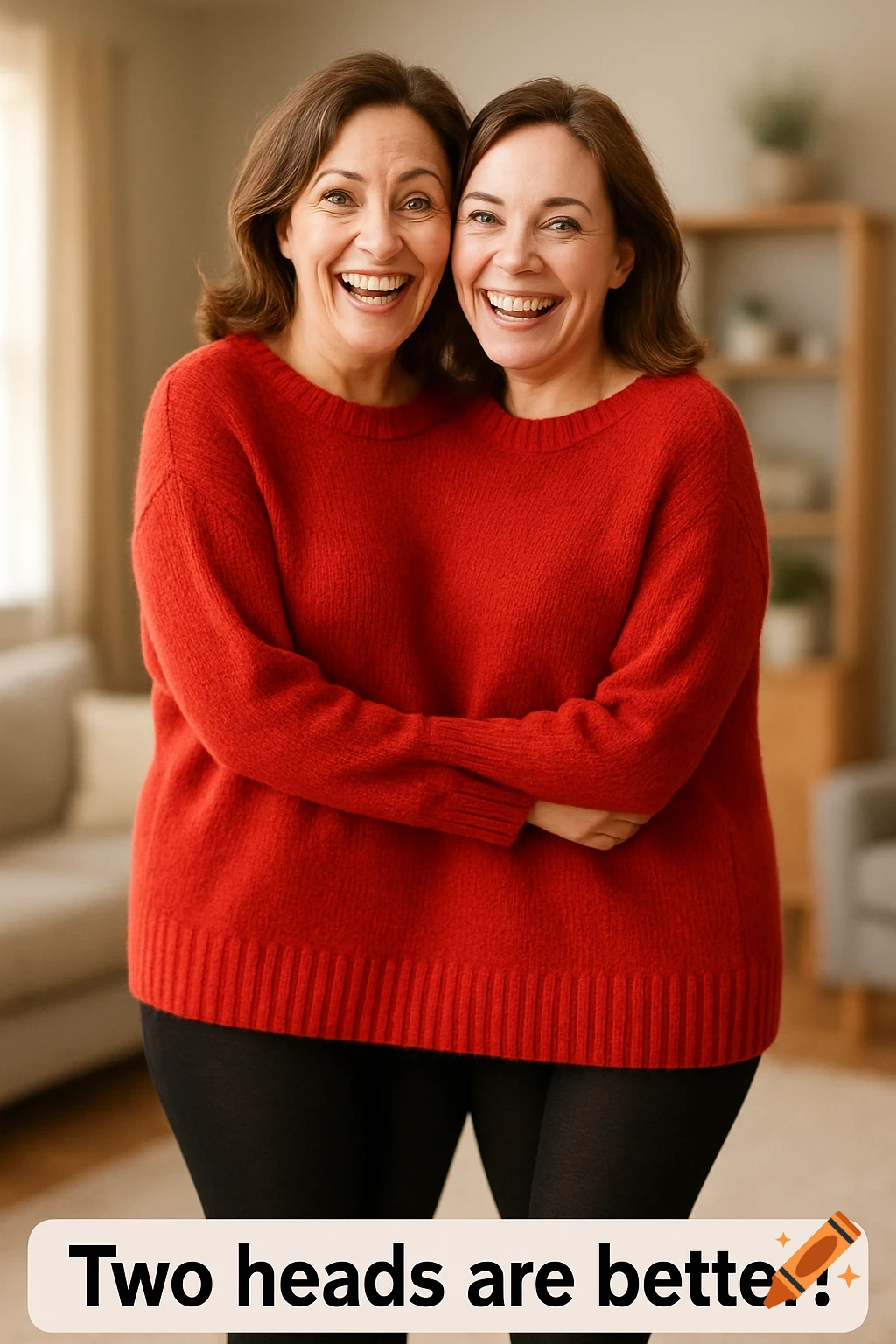 Two smiling women with one body, wearing a red sweater, laugh and hug. Text reads "Two heads are better!"