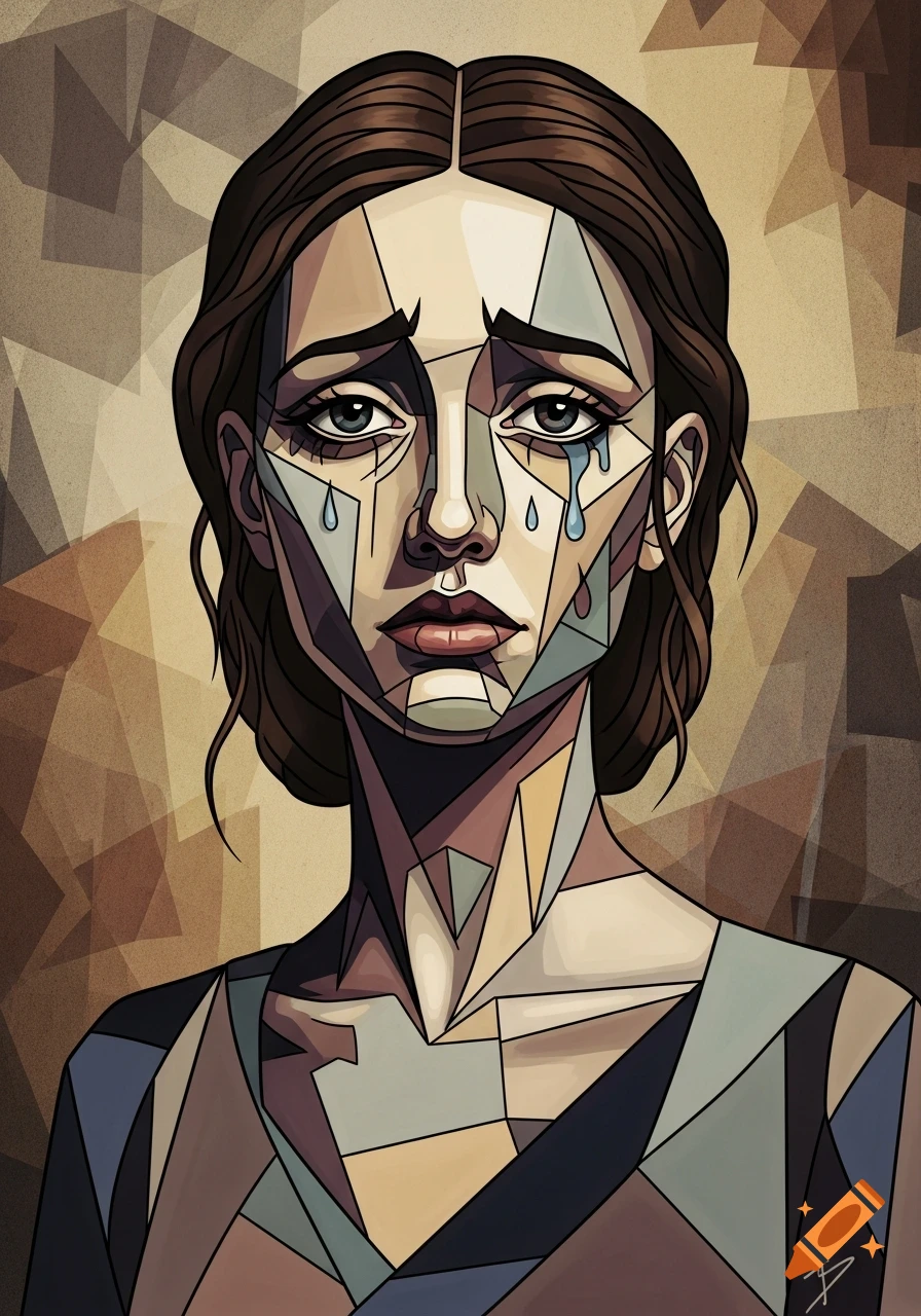 Cubist portrait of a sad woman with geometric features and tears, rendered in brown, beige, and blue tones.