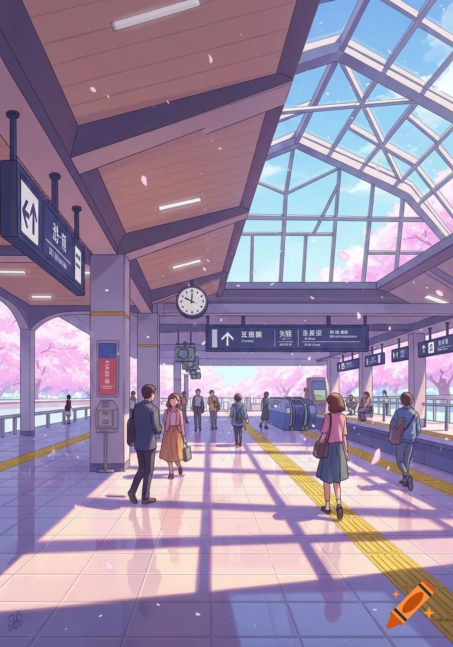 Anime style train station with people on a sunlit platform, featuring a glass roof and cherry blossom trees outside.