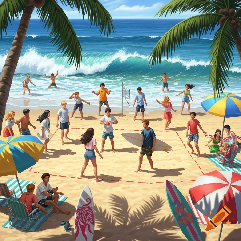 An illustrated scene of teenagers enjoying a lively beach day, playing volleyball, surfing, and relaxing under colorful umbrellas and palm trees.
