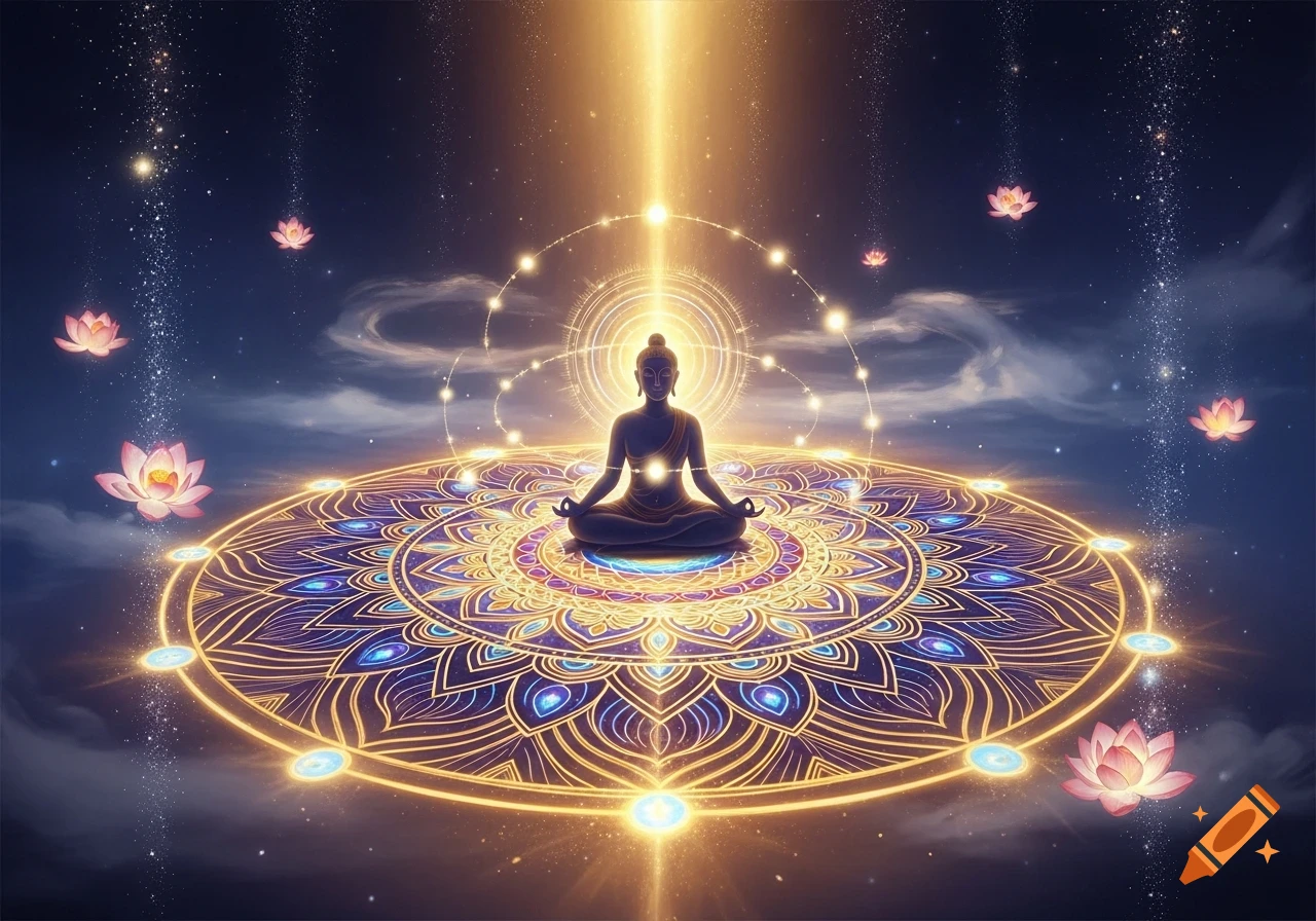 A meditating Buddha-like figure on a vibrant glowing mandala, bathed in golden light under a starry, mystical sky with floating lotus flowers.