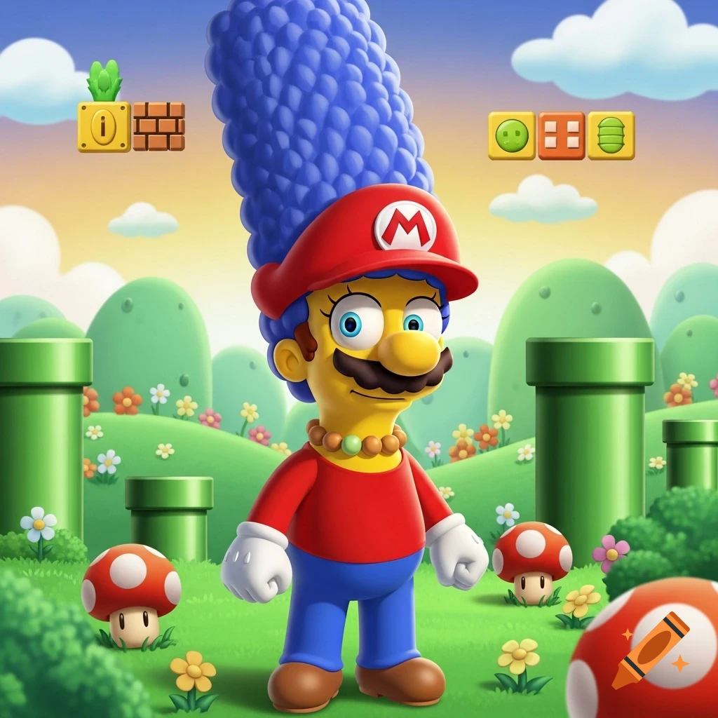 Marge Simpson, styled as Mario, stands in a Super Mario Bros. landscape with green pipes and mushrooms.