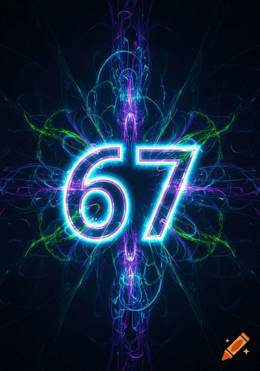The number 67 rendered in bright neon blue and purple lights, against a dark background with swirling green and blue fractal patterns.