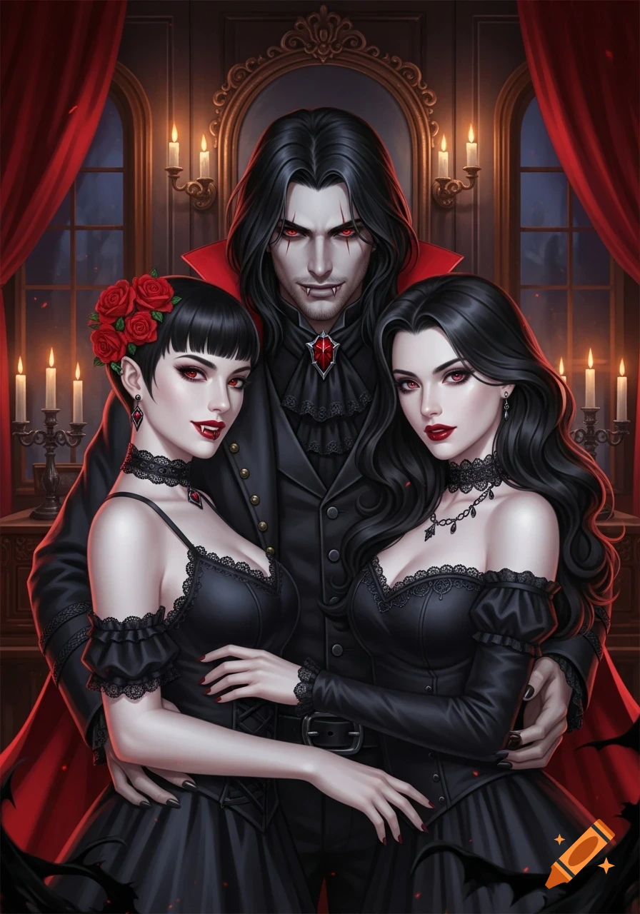 A dark fantasy illustration of a male vampire embracing two female vampires in a gothic setting with red curtains and candlelight.