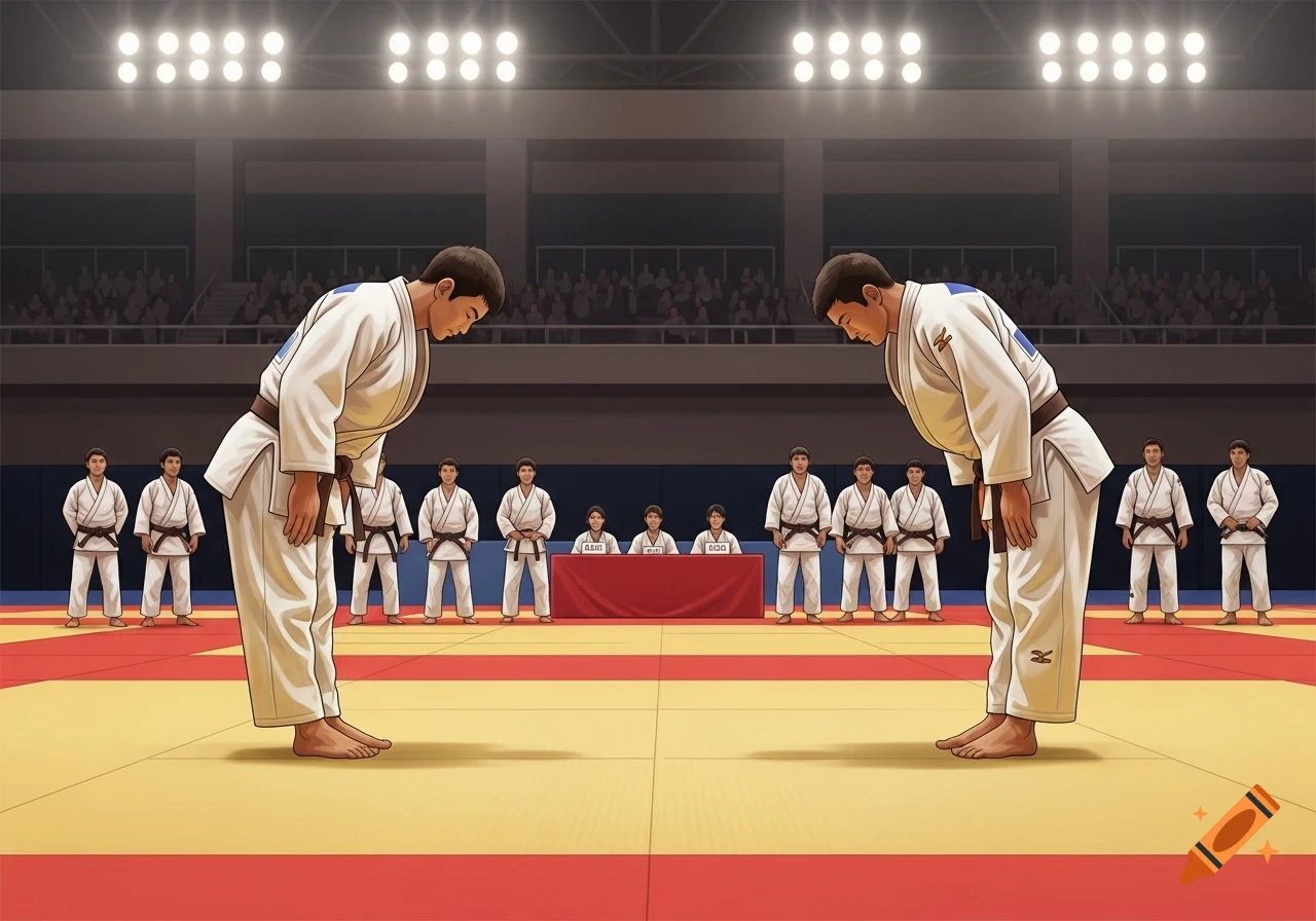 Two judokas in white kimonos and brown belts bow to each other on a red and yellow mat in an arena, with other judokas and officials watching.