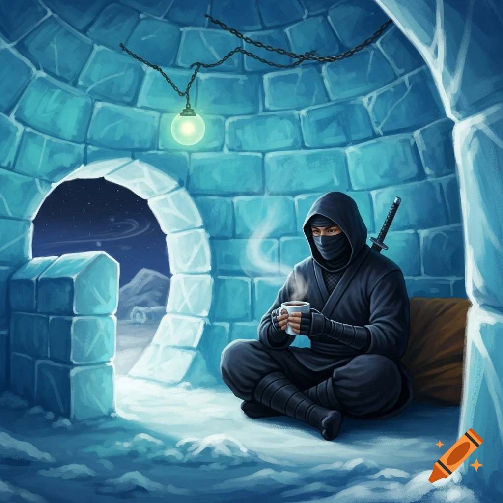 A ninja sits cross-legged inside a blue igloo, holding a steaming mug. A starry night sky is visible through the entrance. Digital art.