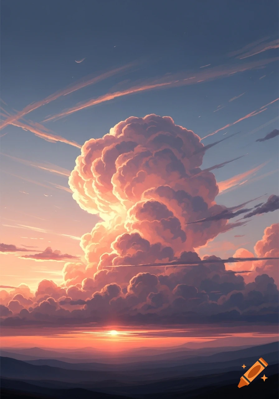 Anime-style sunset over layered mountains with a huge, golden-orange cumulus cloud formation dominating the sky.