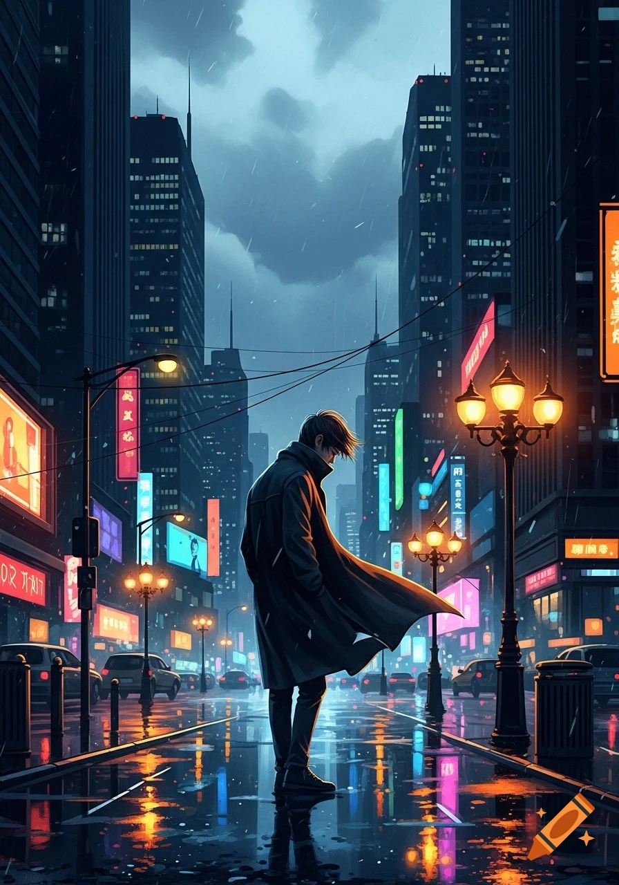 An anime-style lone figure in a coat stands on a rainy city street at night, surrounded by reflective neon lights and tall buildings.