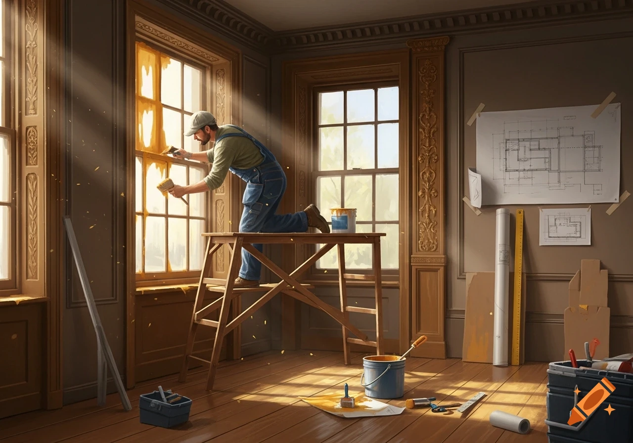 Man in overalls painting a large window in a sunlit room filled with renovation tools and architectural blueprints on the wall.