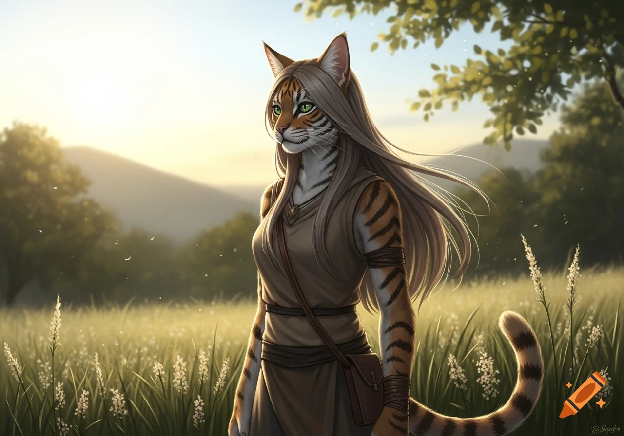 Humanoid female cat with tiger stripes and long hair in simple clothing stands in a sunny, grassy field.