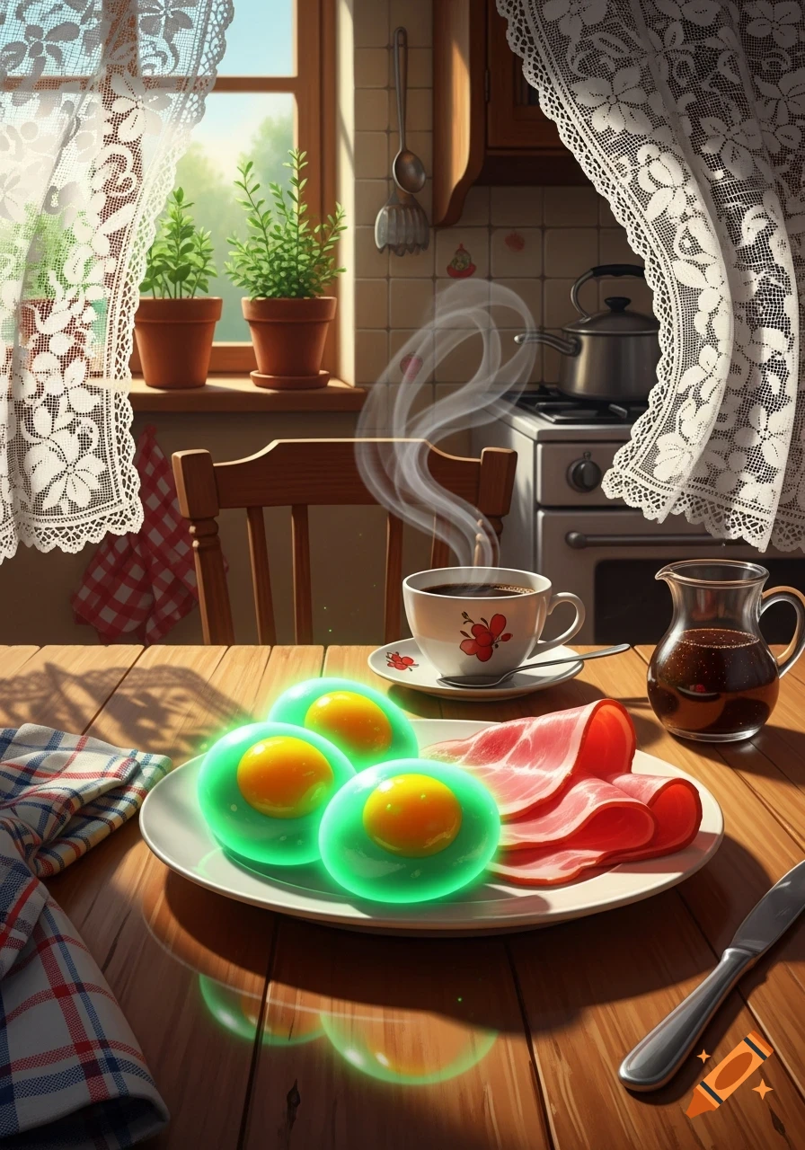 Stylized breakfast scene in a sunlit kitchen featuring three glowing green eggs, bacon, a cup of coffee, and a pitcher of syrup on a wooden table.