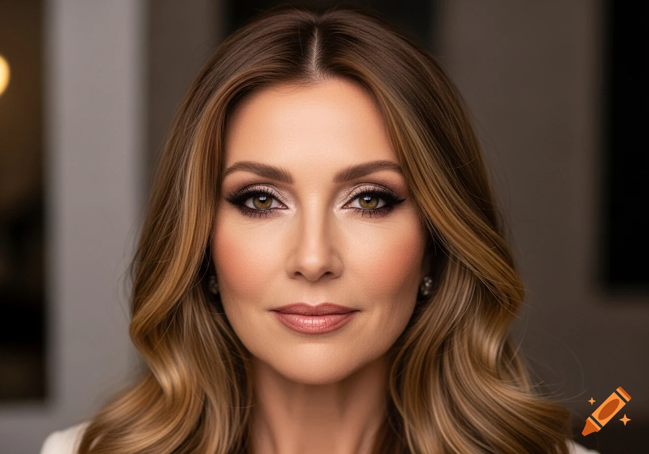 Close-up portrait of a woman with wavy brown hair and full glam makeup, looking directly at the viewer.