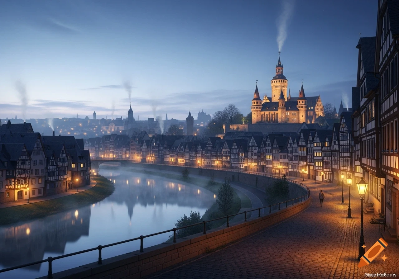 A European cityscape at dusk with a river, illuminated half-timbered houses, and a majestic castle on a hill, bathed in warm streetlights.