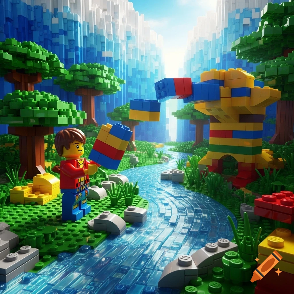 A LEGO minifigure in a vibrant landscape with a flowing river and trees, alongside a large blocky LEGO creature.