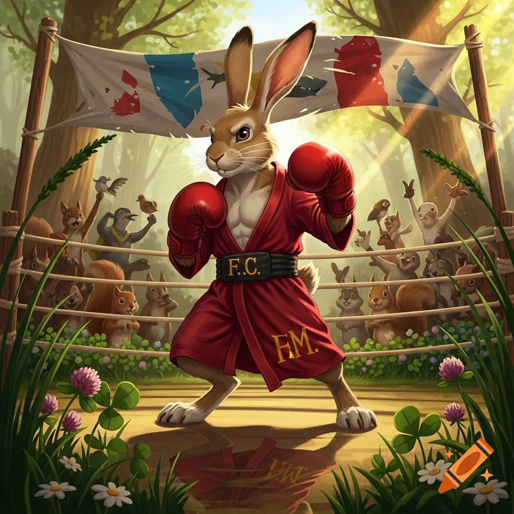 A muscular cartoon rabbit boxer in a red robe and gloves poses in a forest boxing ring, surrounded by cheering animal spectators.