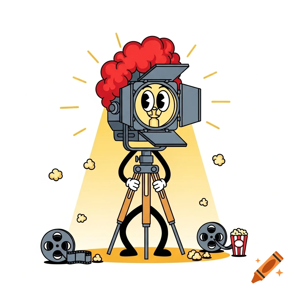 A silly cartoon of a movie spotlight with a red afro wig and cartoon eyes on a tripod. Film reels and popcorn are scattered around it.