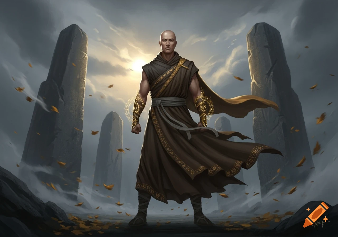 A bald warrior monk stands confidently between large stone monoliths, with golden patterns on his bracers and robe, under a dramatic cloudy sky.