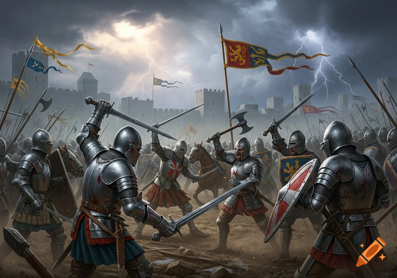Armored knights clash with swords and axes on a battlefield in front of castles under a stormy, lightning-filled sky.