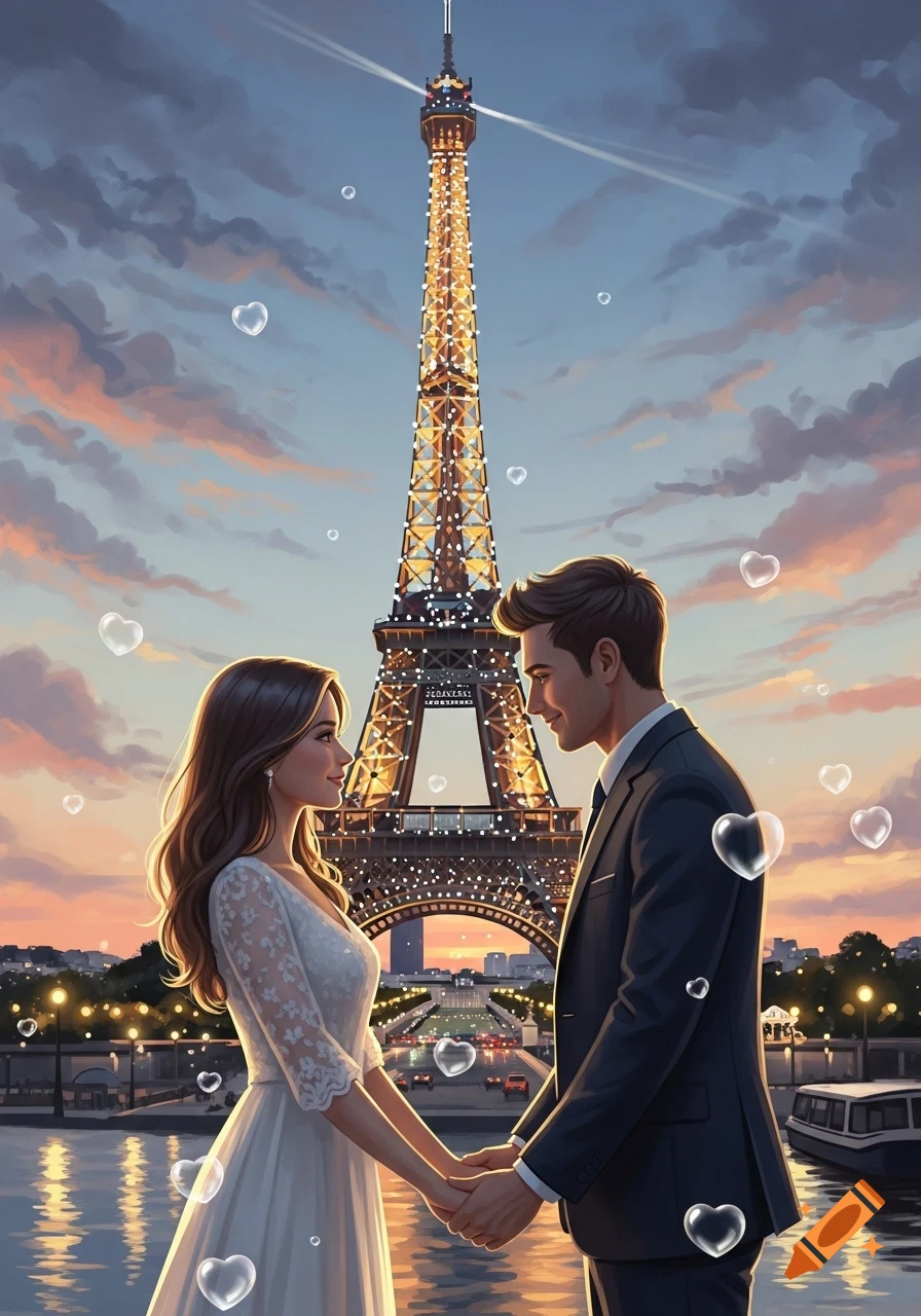 A romantic couple holds hands in front of the illuminated Eiffel Tower at sunset, with floating heart bubbles.