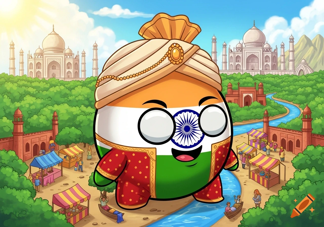 A cartoon India-ball character wearing a turban and traditional attire stands in front of the Taj Mahal, a river, and a bustling market.