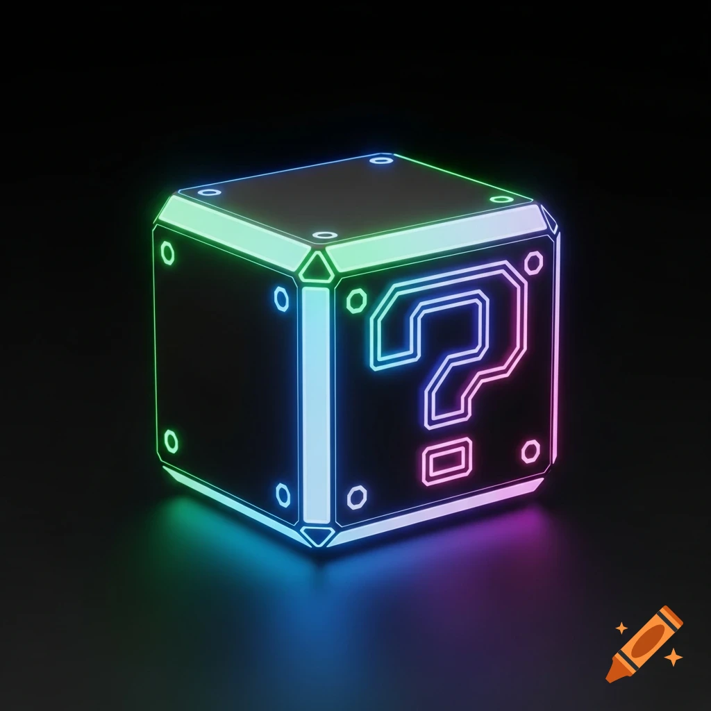 A glowing neon Mario Question Block on a dark background.