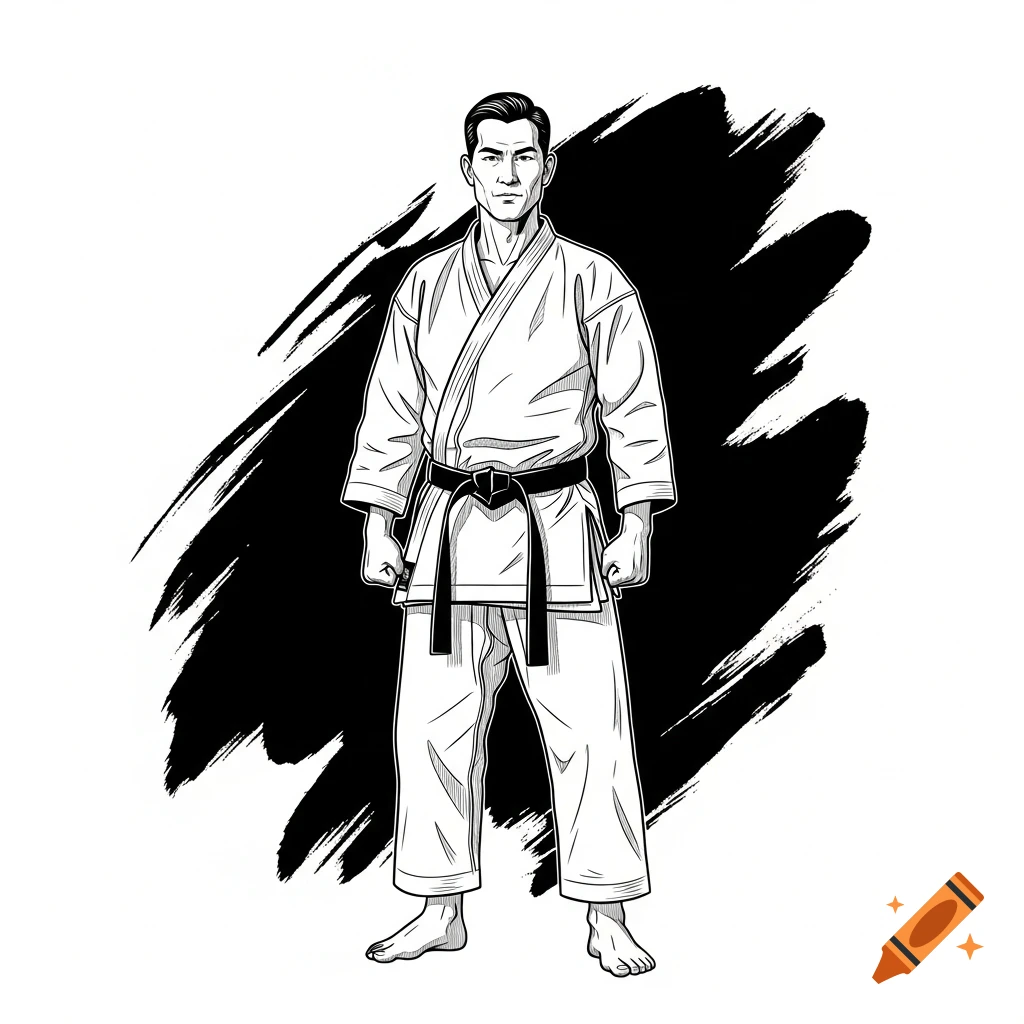 A black and white inked illustration of a man wearing a white martial arts uniform with a black belt, standing against a brushstroke background.