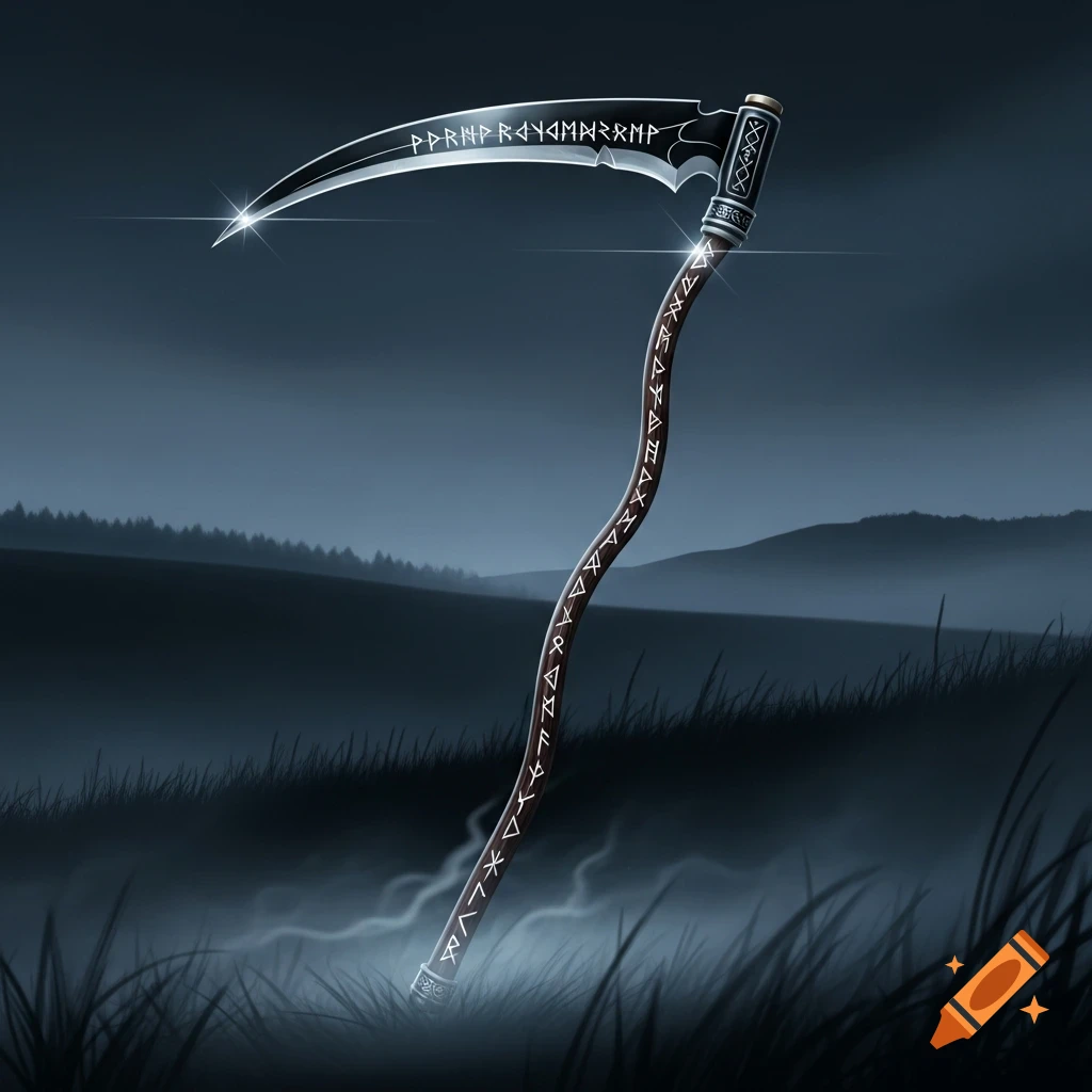 A glowing, ornate scythe with runes on its blade and handle stands in a misty field under a dark sky.
