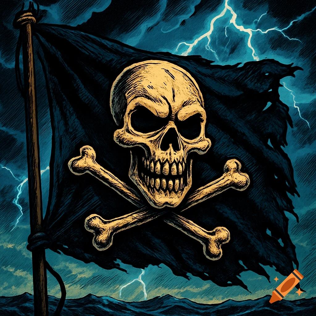 A tattered black pirate flag with a stylized yellow skull and crossbones against a stormy blue sky with lightning over dark waves. Illustrated in a bold comic style.
