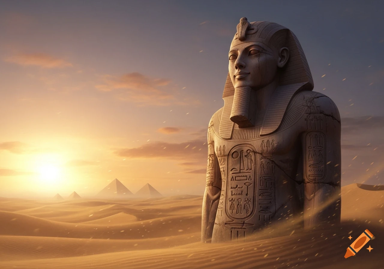 A colossal ancient Egyptian pharaoh statue partially buried in sand, with pyramids in a desert landscape at sunset.