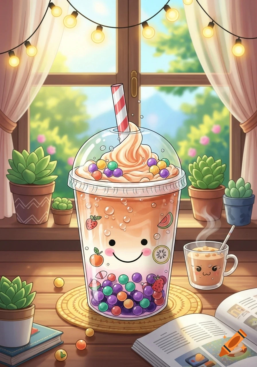 A cute, smiling bubble tea with whipped cream and colorful boba sits on a wooden table by a sunlit window with potted succulents and open books.