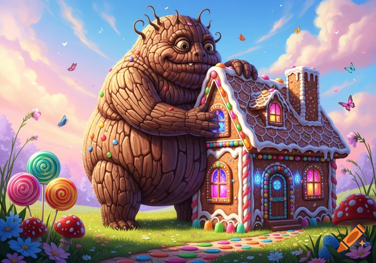 A whimsical cartoon chocolate monster hugs a brightly decorated gingerbread house in a candy-land with lollipops and butterflies.