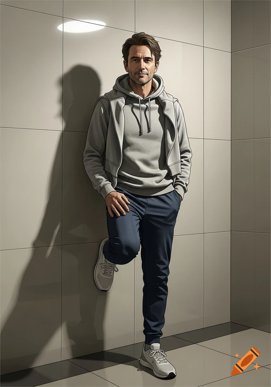 A casually dressed adult man with brown hair leans against a tiled wall, one foot propped up, in a digital art style.