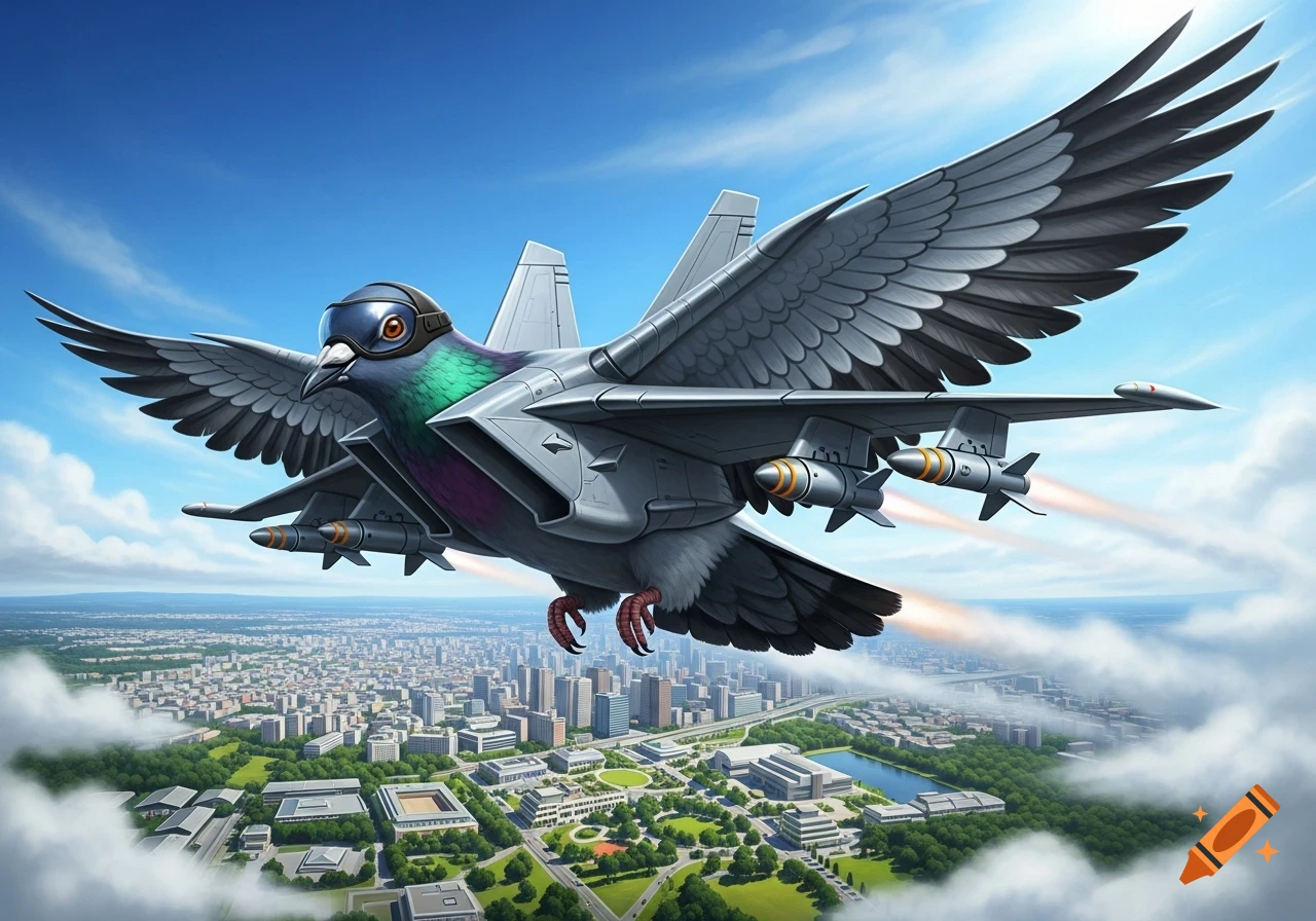 A stylized illustration of a pigeon-fighter jet hybrid flying high above a sprawling city.