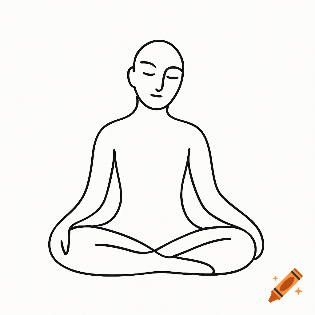 A minimalist black line art drawing of a calm human figure sitting in a cross-legged meditative pose on a white background.